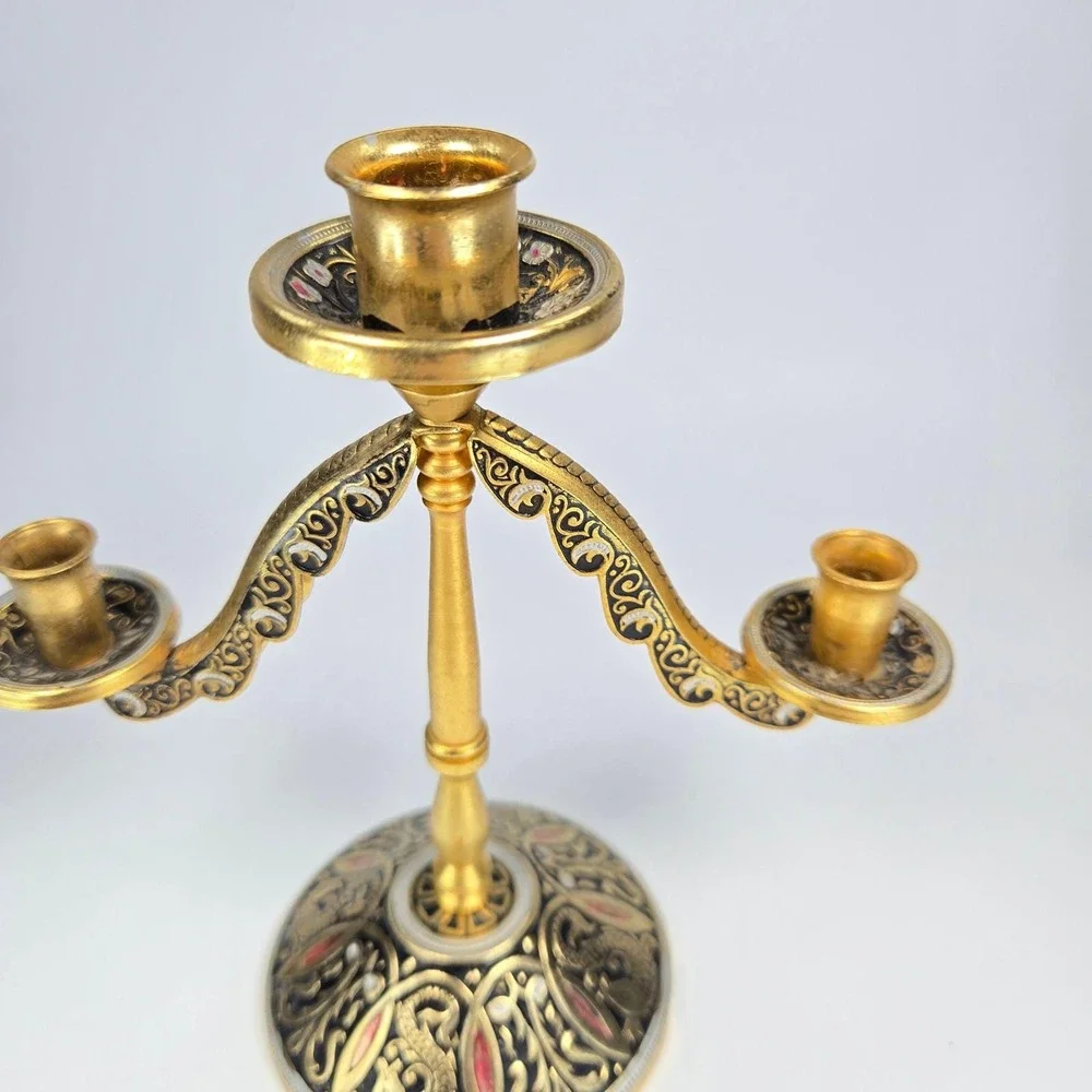 Vintage 10K Gold Gilded‎ 2-Arm Candelabra Russian Indian European Ornate  5.25